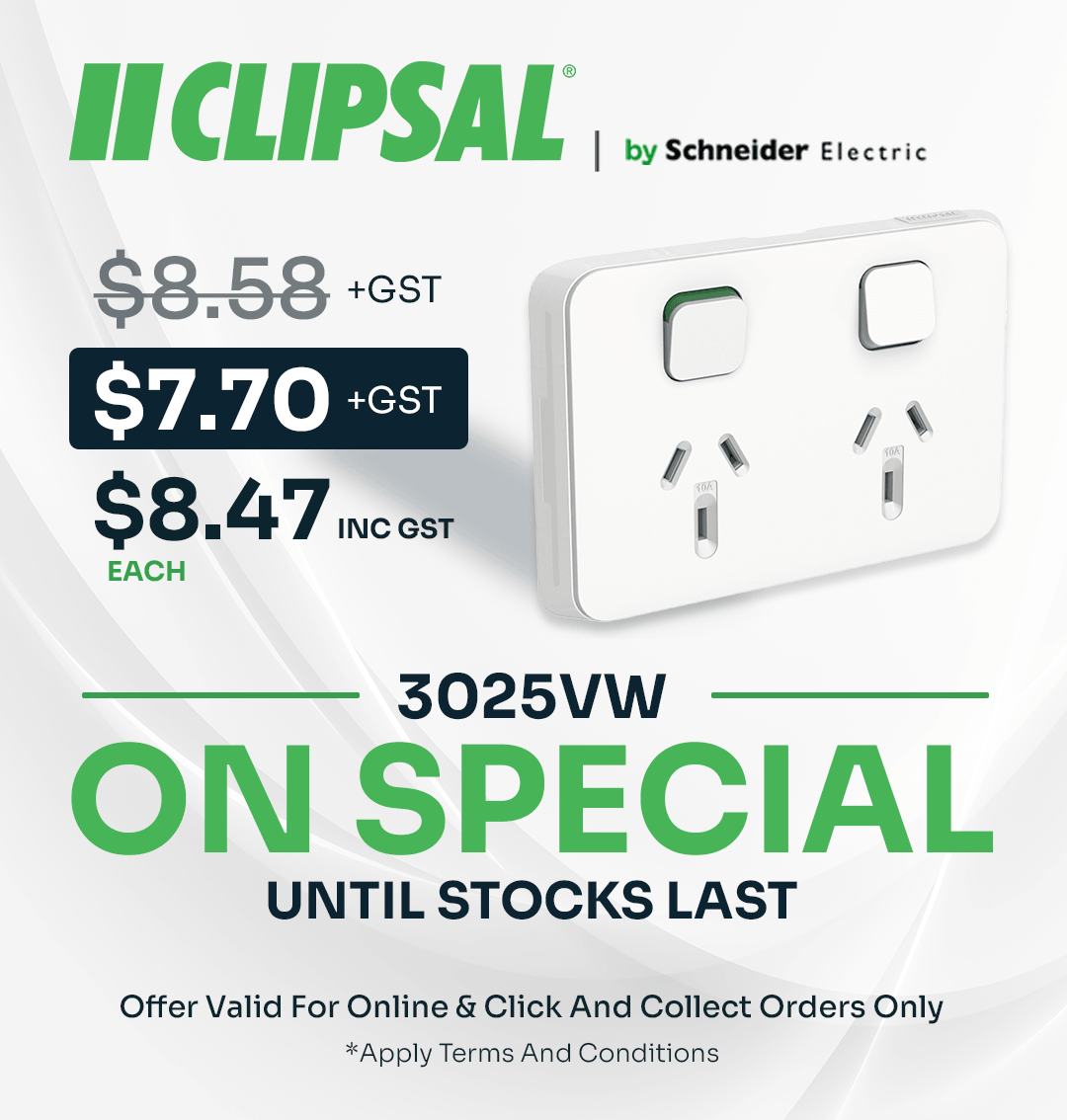 Clipsal Iconic Double Power Point 10A Horizontal - Vivid White 3025-VW