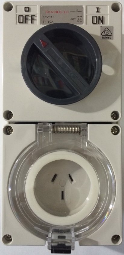 Sparkelec 3 Pin 10amp FLAT Surface Switched Socket Combination IP66 - Single Phase - Impact And Chemical Resistant