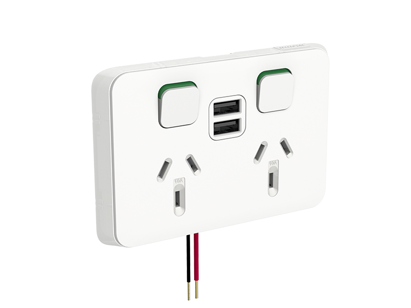 Clipsal Iconic Double Power Point 10A With USB Charger Horizontal - Vivid White 3025USB2-VW