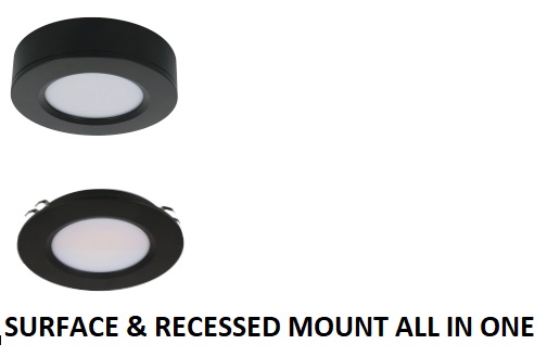 3w 12v DC LED Recessed/Surface Mount Cabinet Light *TRI-COLOUR* BLACK FITTING - CABINET3