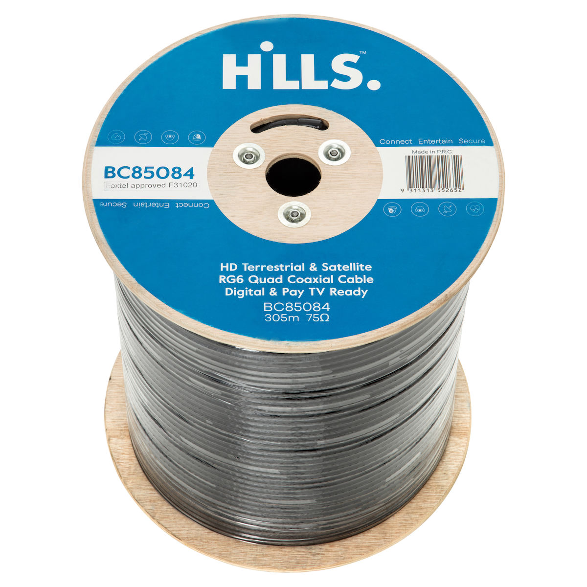 HILLS RG6 Quad Shield Foxtel Approved Cable 305m DRUM  - HILLS BC85084