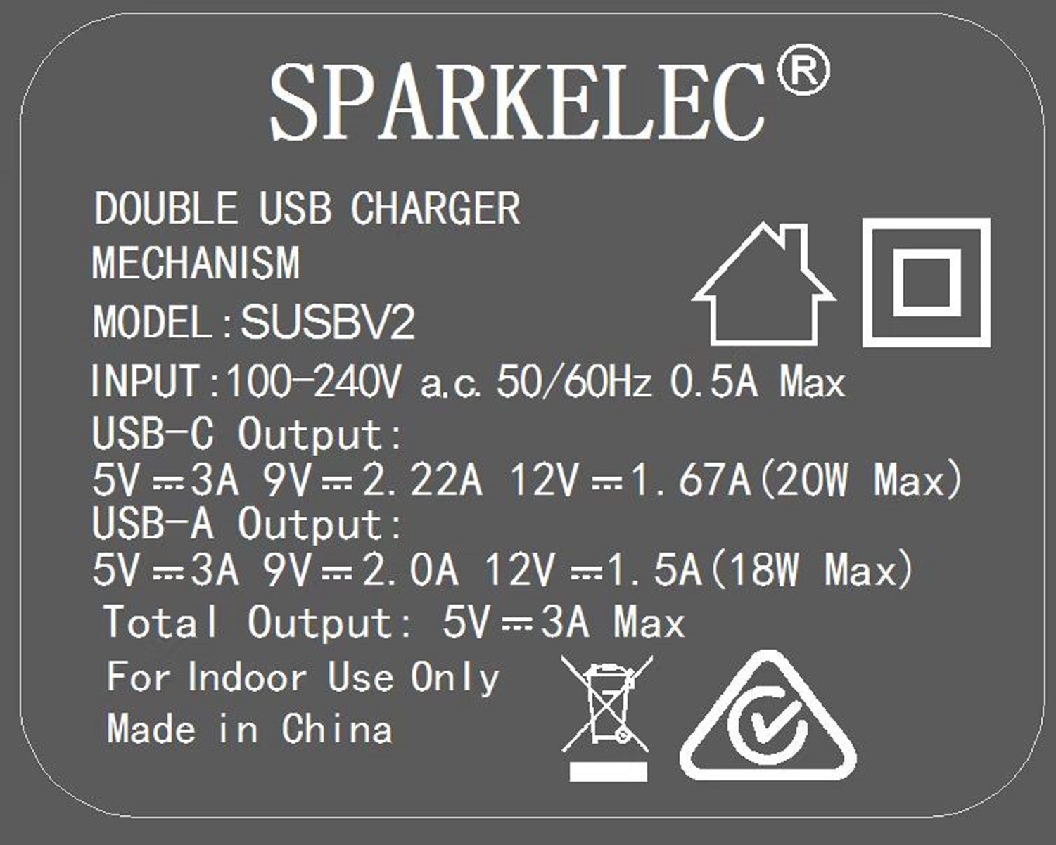 SPARKELEC Double USB A+C Fast 5v/9v/12v Charger Mechanism - BLACK SUSB-BLACK